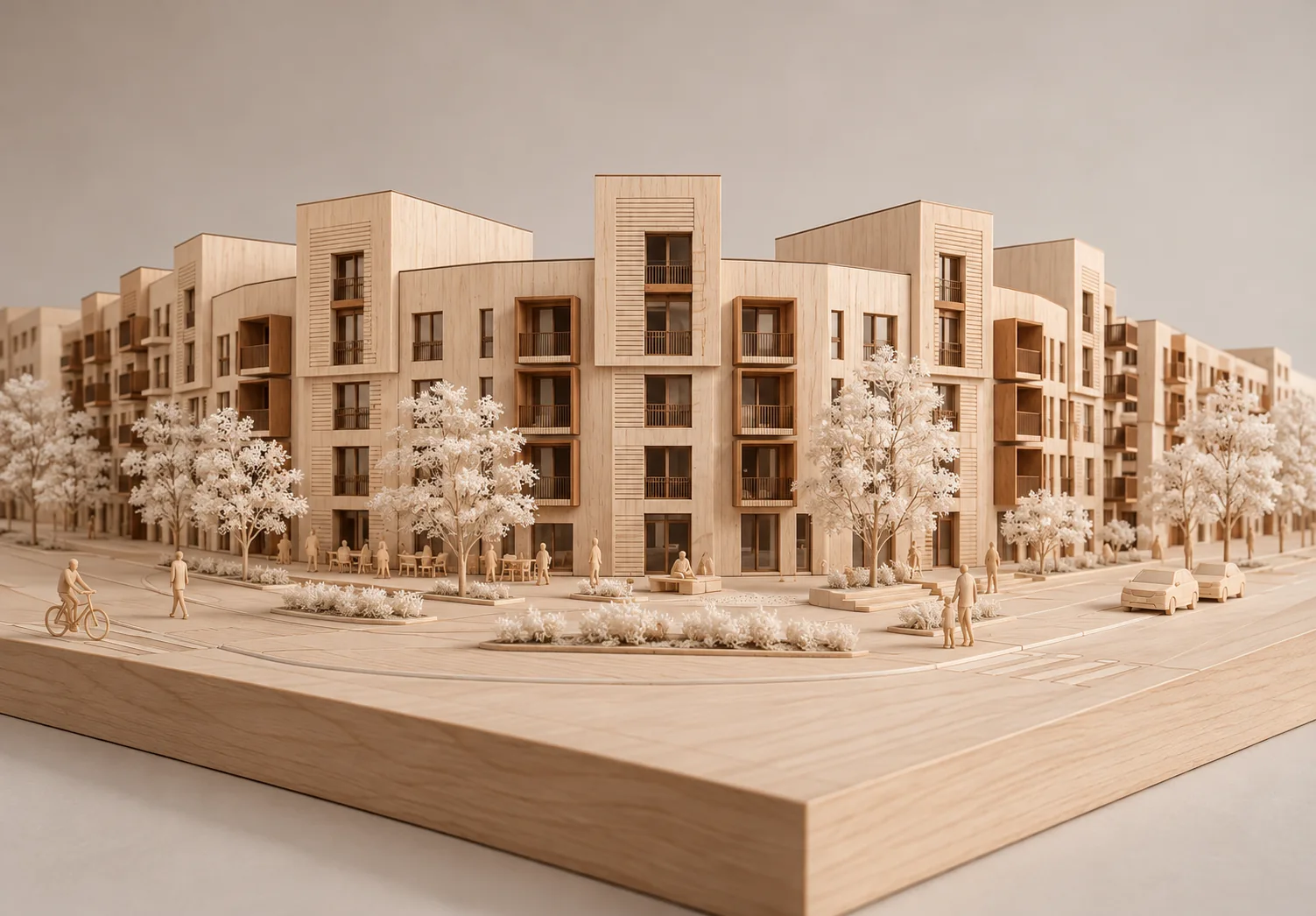 Konceptuell trämaquette av Autogyron, en arkitektonisk tolkning av bostadskvarteret